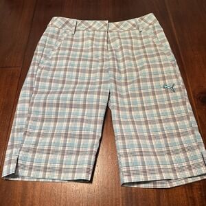 PUMA Golf Shorts Men's 30 Blue Plaid Performance Stretch Bermuda‎